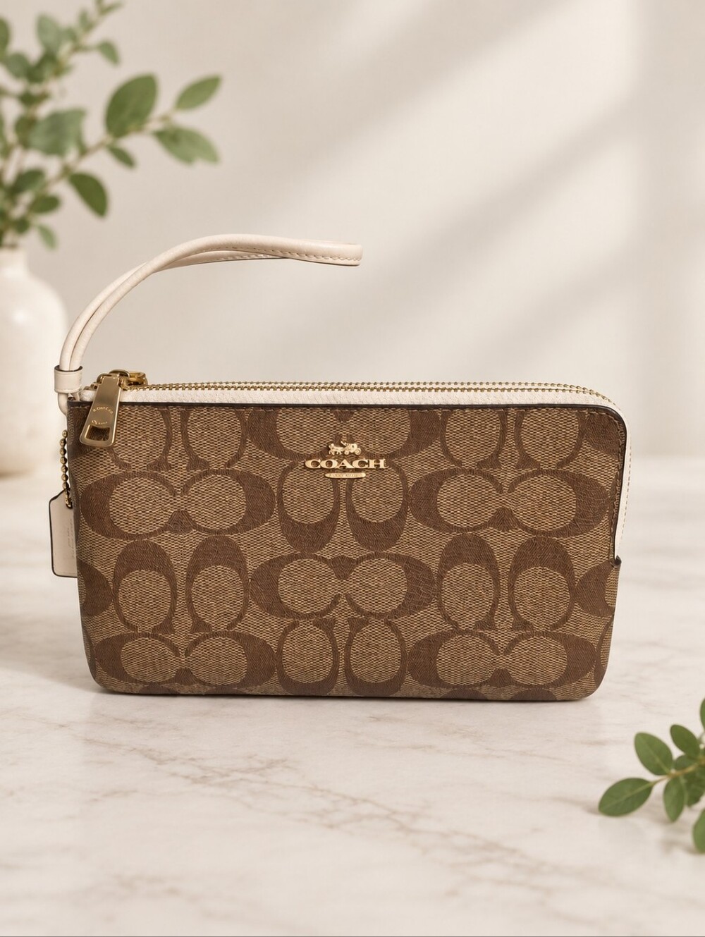 Coach Double Zip Signature Canvas Wristlet Khaki Chalk F16109 EUC